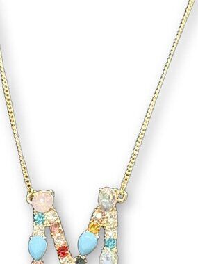 Gold Initial M Pendant Necklace Rhinestones